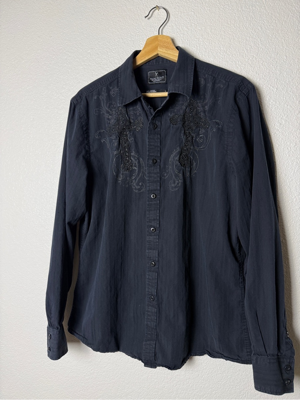 Marc Ecko Men’s Black Embroidered Button-Up Shirt